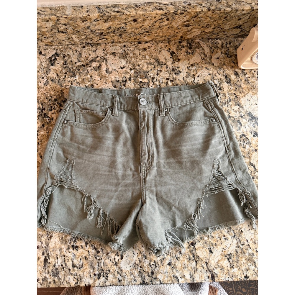 American Eagle Distressed High Waisted Shorts Olive Green Cotton Size 8